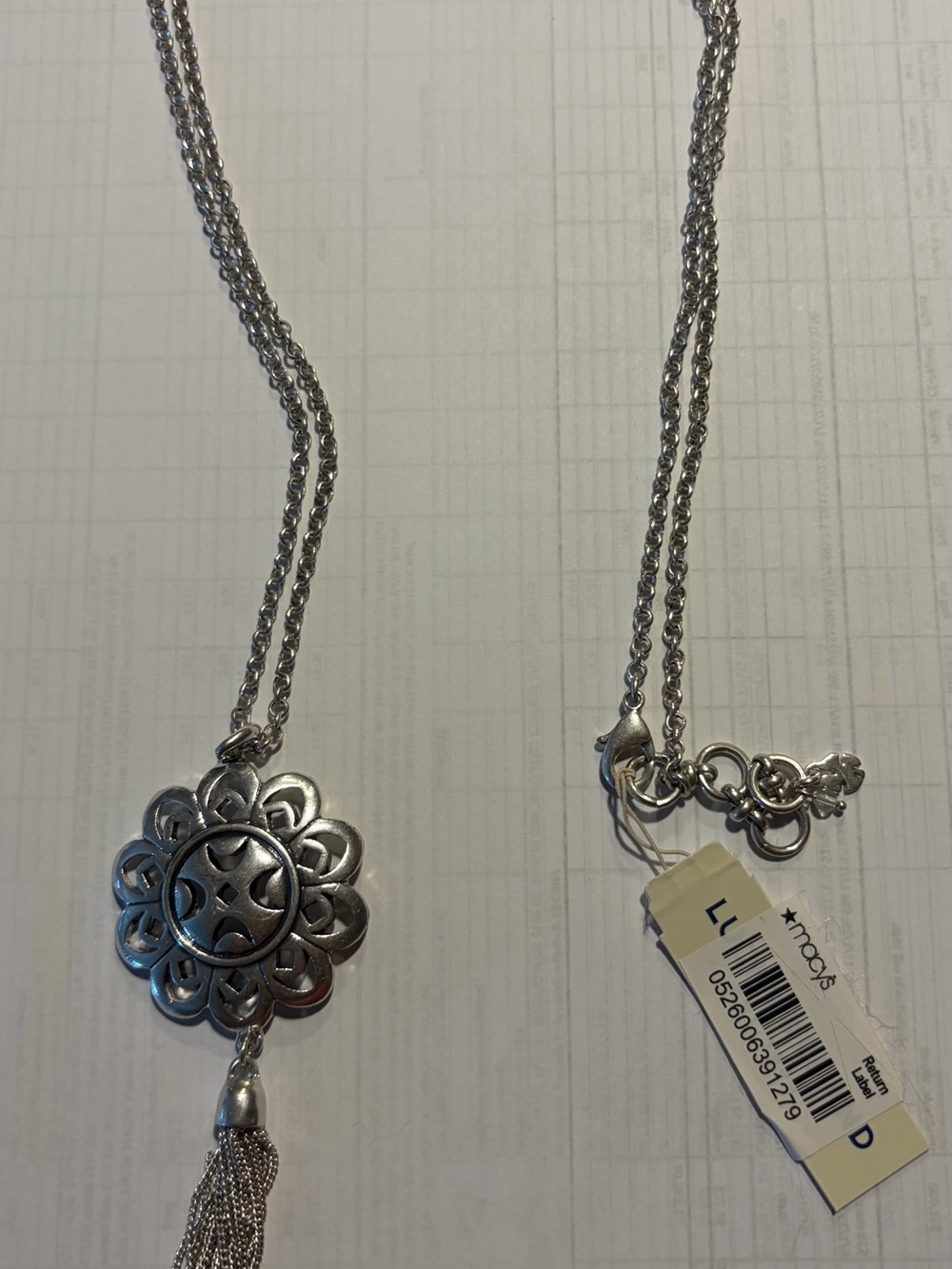Lucky Brand Silver Floral Medallion Tassel Necklace